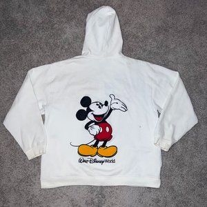 VTG Walt Disney World Mickey Mouse Embroidered Spellout White Hoodie Sz Large